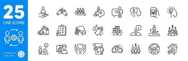 Outline icons set. Delegate work, Delivery app and Court jury icons. Search employee, Global business, Queue web elements. Sick man, Meeting, Settings blueprint signs. Washing hands. Vector