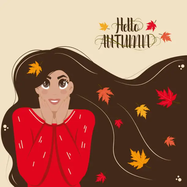 Vector illustration of Hello autumn flat vector banner template. Postcard layout with a girl. Autumn season colorful horizontal illustration.