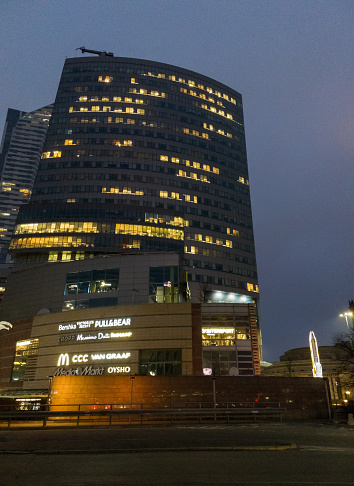 Warsaw, Poland - March 03, 2023: Złote Tarasy (Golden Terraces) is a commercial, office, and entertainment complex in the center of Warsaw, Poland, located next to the Warszawa Centralna railway station.