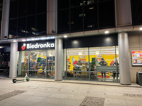 Warsaw, Poland - March 03, 2023: Biedronka - one of the largest chain supermarkets in Poland