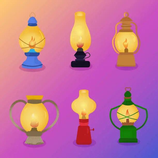 Vector illustration of A set of
 six kerosene lamps. Lights for camping, gardening, camping, walking. Vector illustration. Cartoon