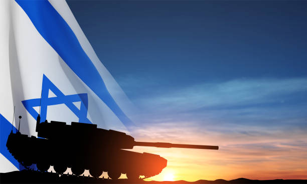 ilustraciones, imágenes clip art, dibujos animados e iconos de stock de tanque de batalla principal en un campo de batalla contra la puesta de sol - israel