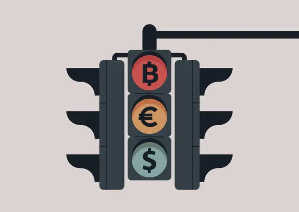 Vector illustration of Traffic light regulation with currency signs, investment climate, stock market exchange