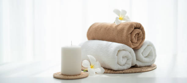 istock Spa accessory composition set in day spa hotel , beauty wellness center 1472594100