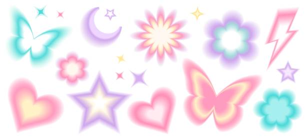 blurred gradient set Y2k blurred gragient unfocused set. Abstract geometric shapes in trendy retro style. Heart, flower, daisy, butterfly, star, moon glitter butterfly stock illustrations