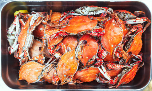 Full bowl of boiled crabs, top view. Full bowl of boiled crabs, top view. crabbing stock pictures, royalty-free photos & images