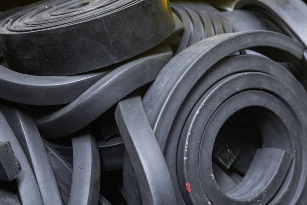 Recycling of rubber and plastic. Processing plant. Nature pollution. Environmental disaster