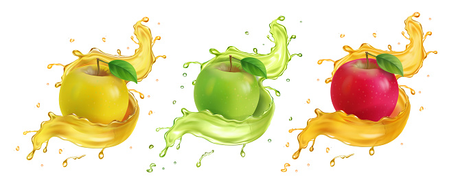 Apple fresh juice realistic illustration. Red, yellow and green apples in fresh splashes of Fruit drink. Vector illustration
