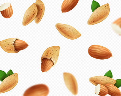 Almond nuts falling background. Unfocused almond with green leaf on transparent background. 3D realistic vector illustration