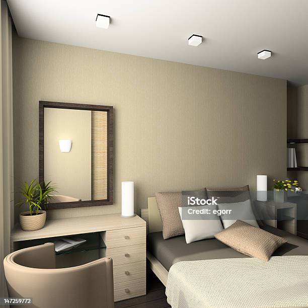 3d Rendition Of A Modern Bedroom In Beige Tones Stock Photo - Download Image Now - Hotel, Passenger Cabin, No People