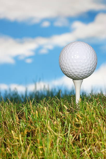 istock Golf ball on a white tee with lush grass. 147259840