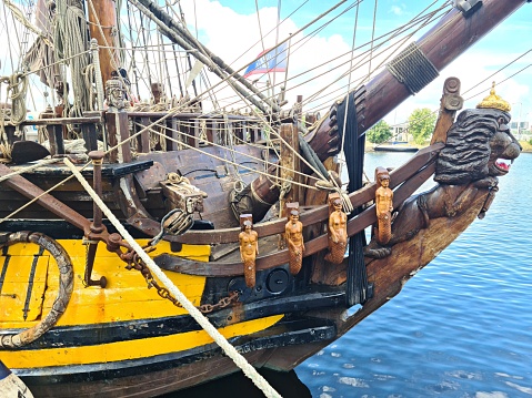Wooden figure on the bow of the old sailing ship Standart moored in the Latvian capital Riga on July 7, 2021.
