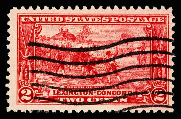 A 1925 issued 2 cent United States postage stamp showing Lexington-Concord.