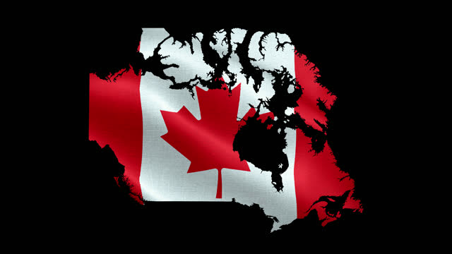 4K waving national flag of Canada on the map. Alpha channel seamless Canadian flag on territory. Outline geographic country border of Canada stock video.