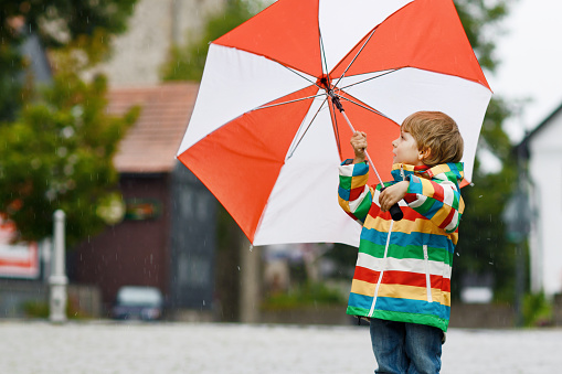 Little toddler boy playing with big umbrella on rainy day. Happy positive child running through rain and puddles. Kid with rain clothes and rubber boots. Children outdoor activity on bad weather day