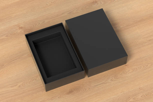 istock Open black box packaging mockup on wooden background. Template for your design 1472606323