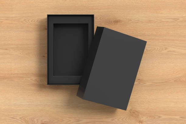 istock Open black box packaging mockup on wooden background. Template for your design 1472606443