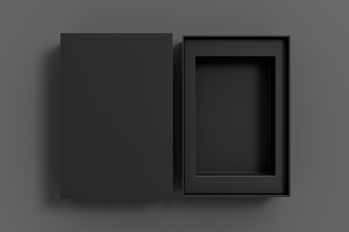 Open black box packaging mockup on gray background. Template for your design. 3d illustration