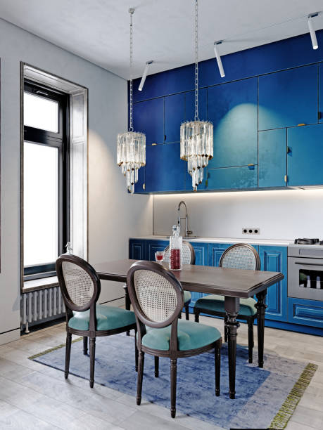 istock Modern classic kitchen with black dining table and chairs and light blue kitchen furniture and white walls. 1472607324