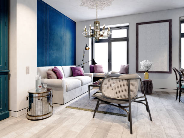 istock Modern classic living room in white and light blue style with white sofa and black wicker furniture. 1472607335