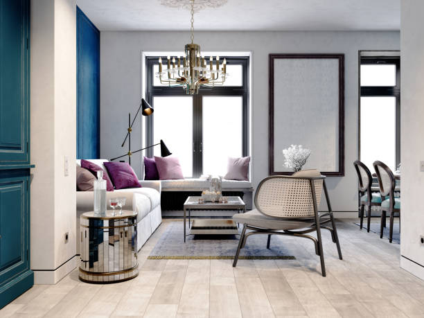 istock Modern classic living room in white and light blue style with white sofa and black wicker furniture. 1472607377