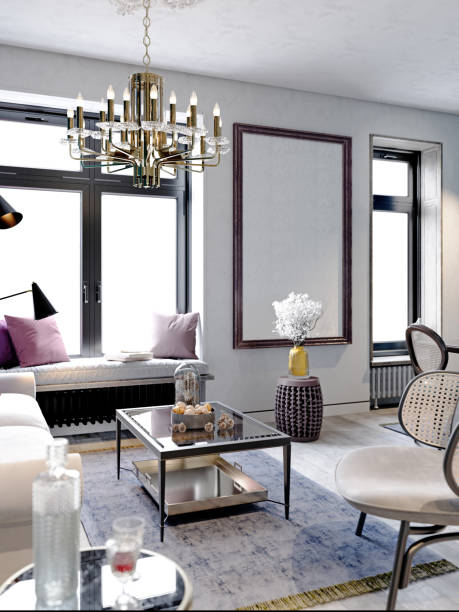istock Modern classic living room in white and light blue style with white sofa and black wicker furniture. 1472607381