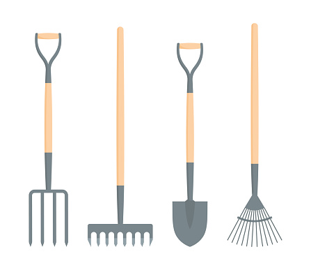 A Set Of Garden Tools Digging Spade Digging Fork Leaf Rake And Soil ...