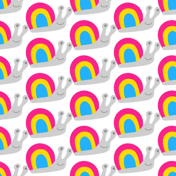 Vector illustration of Seamless decorative pattern with snails with a shell of colors of the Pansexual Flag. Print for textile, wallpaper, covers, surface. Retro stylization. For fashion fabric. lgbtqa symbols