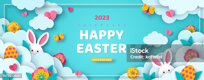 istock Happy Easter concept clouds frame 1472610450