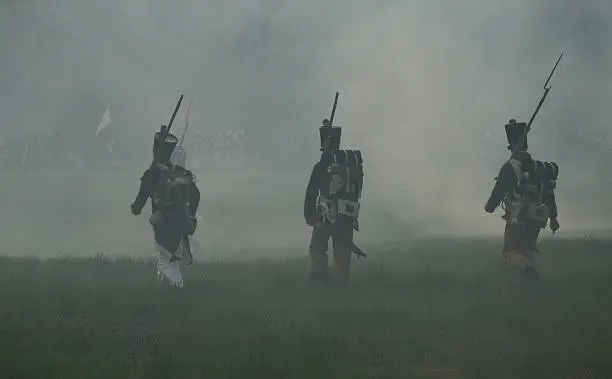 Napoleonic infantry marching in an artillery smoke