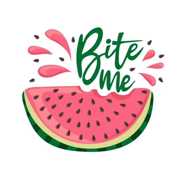 Vector illustration of Bite me. Watermelon with a spray of juice. Slice with red flesh and black seeds and with a piece bitten off