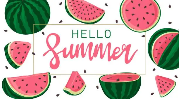Vector illustration of Hello Summer inscription on the background of watermelon. Green striped berry with red pulp and brown seeds