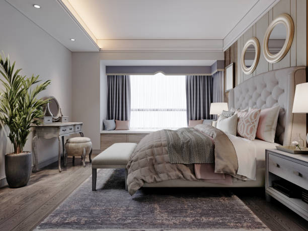 istock American design bedroom with white large bed with quilted headboard with wall paneling and dark wood parquet. 1472616276