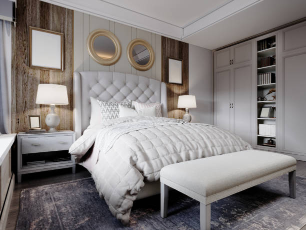 istock American design bedroom with white large bed with quilted headboard with wall paneling and dark wood parquet. 1472616278