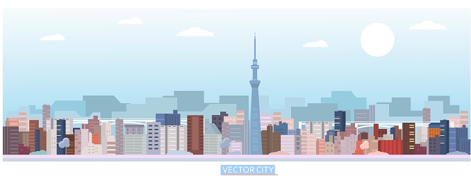 Vector poster with modern city view. Panoramic view.