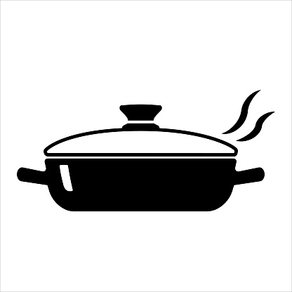 Frying pan with two handles and lid drawn by hand. A frying pan with a lid and steam is black. Vector illustration isolated on white background.