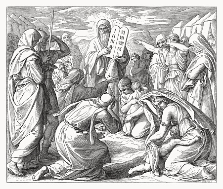 Moses brings the New Tablets of the Covenant to the people of Israel (Exodus 34, 29 - 32). Wood engraving by Julius Schnorr von Carolsfeld (German painter, 1794 - 1872), published in 1860.