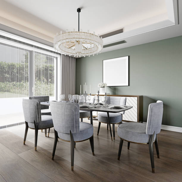 istock Dining by a large panoramic window with white upholstered designer chairs with a black marble top dining table. 1472617403