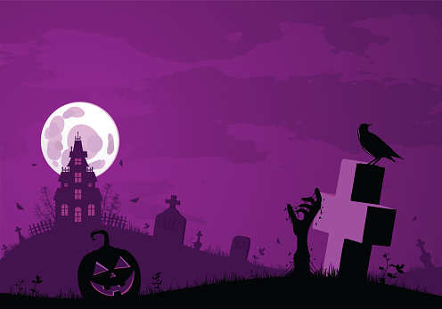 Spooky purple coloured Halloween background with graveyard, old house and carved pumpkin head.
