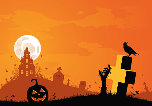 Spooky orange coloured Halloween background with graveyard, old house and carved pumpkin head.
