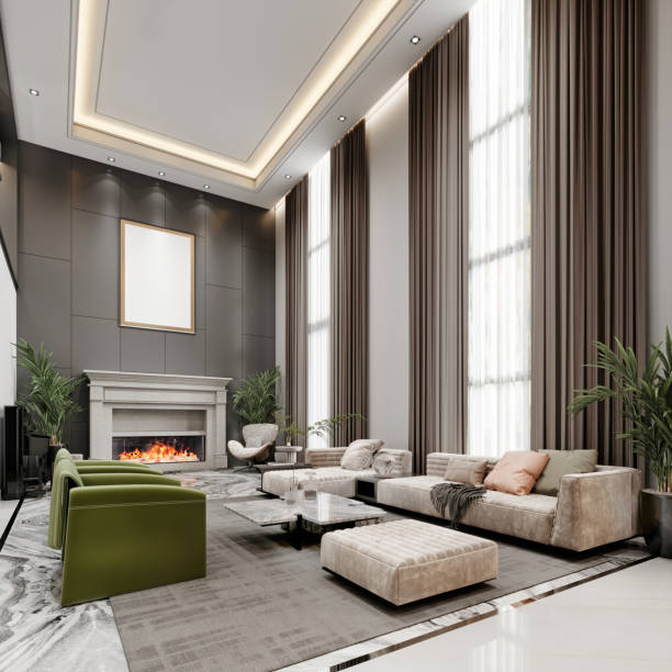 istock Luxurious living room with high ceilings and large windows and a second floor with colorful designer upholstered furniture in green and white. 1472621736
