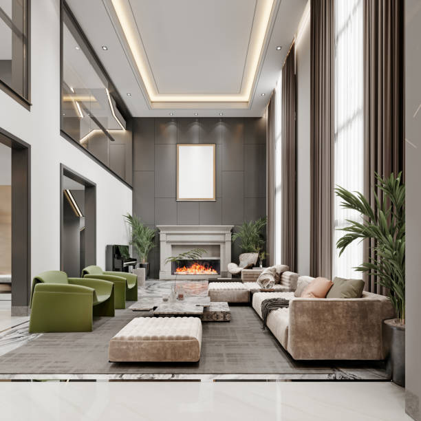 istock Luxurious living room with high ceilings and large windows and a second floor with colorful designer upholstered furniture in green and white. 1472621737