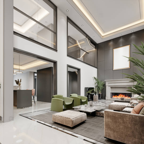 istock Luxurious living room with high ceilings and large windows and a second floor with colorful designer upholstered furniture in green and white. 1472621743