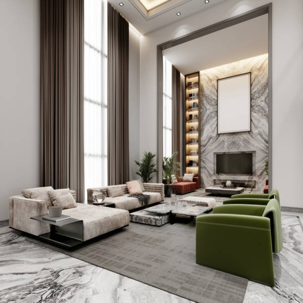 istock Luxurious living room with high ceilings and large windows and a second floor with colorful designer upholstered furniture in green and white. 1472621766