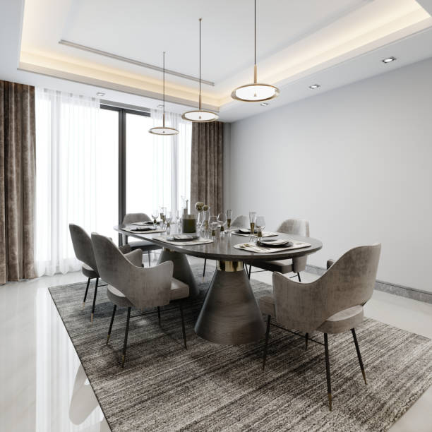 istock Dining area with a dining table by a large window in white and gray contemporary style. 1472622018