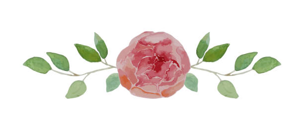 istock Horizontal watercolor branch with pink flower and leaves. 1472623650