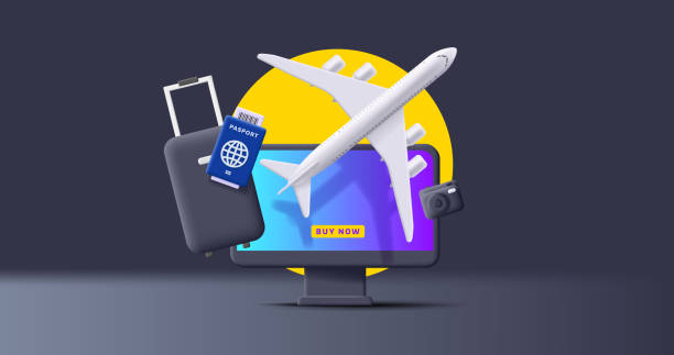 istock 3d composition with travel suitcase, plane and passport, online tickets booking service, render illustration 1472625669