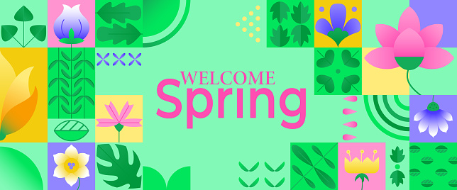Welcome Spring Screen Background Welcome Spring Banner Simple Geometric Shapes Stock Illustration ...