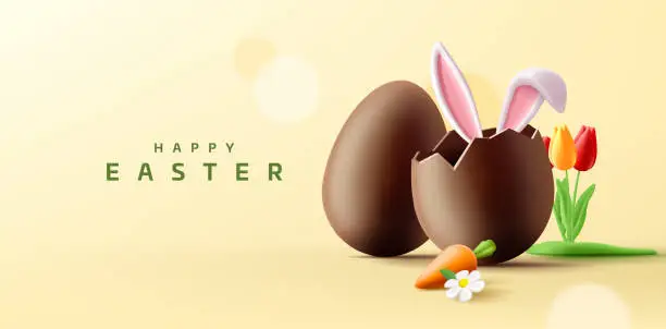 Vector illustration of 3d Easter banner with chocolate egg, bunny ears hiding behind, carrot and tulip bouquet