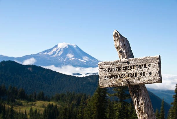 Sign, Pacific Crest Trail Sign for the Pacific Crest trail, with Mount Adams in background pacific crest trail stock pictures, royalty-free photos & images